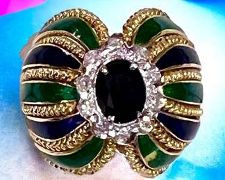 18k sapphire and diamond cocktail ring with blue and green enamel accents