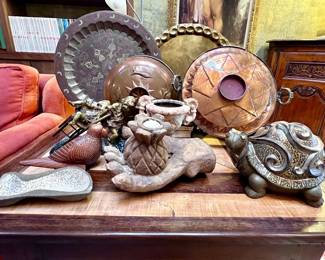 Vintage mid-century brass, copper, wood, pottery