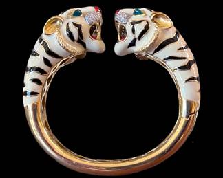 18k Enamel, diamond and emerald hinged tiger cuff with matching earrings