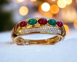 18k diamond, cabachon ruby and emerald diamond bangle bracelet
