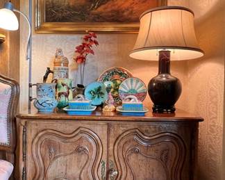 Don Ruseau carved French style chest; majolic, Edmund Osthaus original oil painting