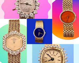 Fortis Delaneau 18k & diamond watch; Audemars Piguet gold and diamond watch; Piaget lapis watch; Piaget coral and diamond watch; Andre Pailet gold and diamond watch