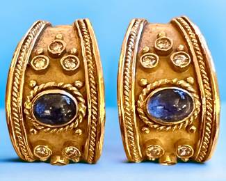 18k gold, diamond and cabachon blue sapphire earrings