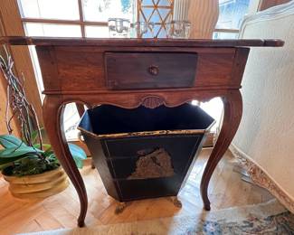 French inlaid table; antique tole container