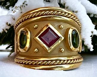 18k gold ring with pink & green tourmaline