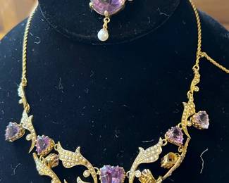 14k antique amethyst and seed pearl necklace and brooch