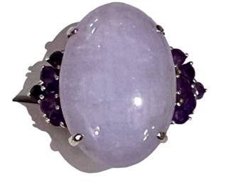 Purple jade, amethyst and white gold ring