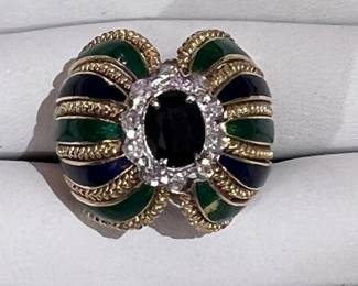 ENAMEL, DIAMOND AND SAPPHIRE RING