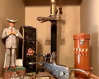 J. R. Ewing “Dallas” whiskey decanter, wine openers, golf spirits case
