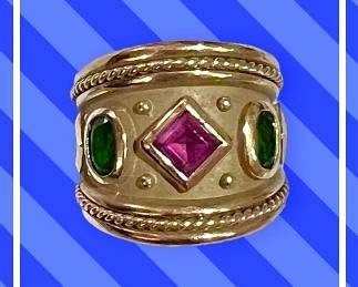 18k ring with pink and green tourmalines