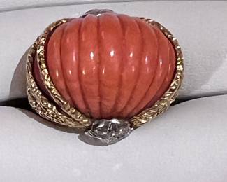 Vintage fluted coral, 18k and diamond ring
