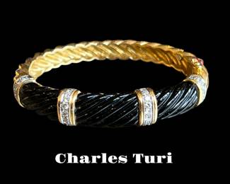 18k yellow gold, diamond, onyx Charles Turi hinged bangle bracelet