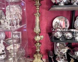 Pair of very large antique gilt bronze altar candlesticks