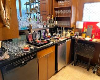 Amazing sunken bar with great vintage barware and stems