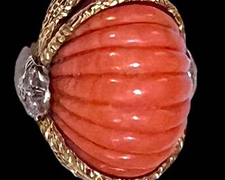 18k Coral and diamond fluted large cocktail ring