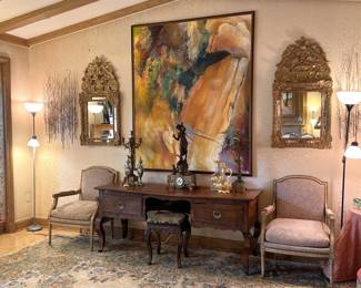 Large contemporary art, pair of antique mirrors, antique desk, Don Ruseau armchairs