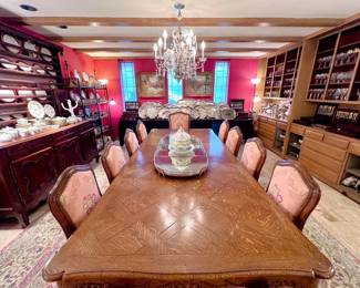 Don Rousseau carved French style dining room table that extends to 12’ with leaves.  Amazing table!  Perfect for holiday entertaining!