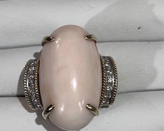 Angel skin coral & diamond ring - very large stone