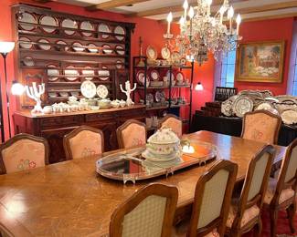 Herend, crystal chandelier, antique three part silver mirrored plateau, Herend “Queen Victoria” china, set of (12) Don Ruseau dining room chairs with gorgeous current linen upholstery, Don Vogel paintings