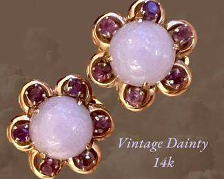14k purple jade and amethyst dainty flower earrings