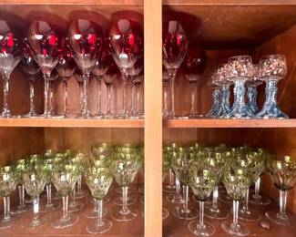 Ruby cut to clear heavy crystal goblets, Murano goblets, Val St. Lambert “Zermatt Green” goblets