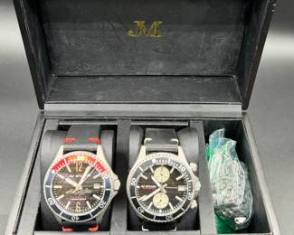 10	$175 	
"Ja McCabe black face chrono black leather band 9"""	
set of 2 watches - extra metal link in box.