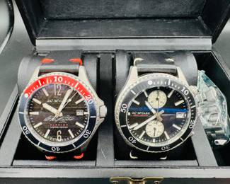 10	$175 	
"Ja McCabe black face chrono black leather band 9"""	
set of 2 watches - extra metal link in box.