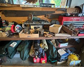 Tools, saws, bag chairs, gas cans, CRAFTSMAN tool chest, levelers, 