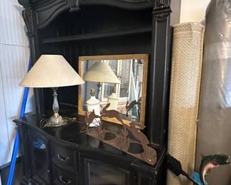 Storage cabinet, table lamp (Yes, in the garage too!)