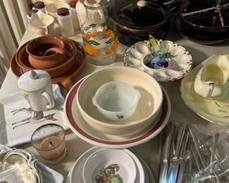 Misc dishes, crocks and silverware