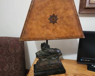 Maitland-Smith Lamp with  Lion and Leather Shade 