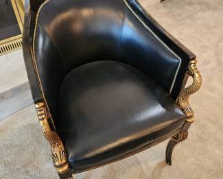 Vintage Neoclassical Tortoise Shell Leather Occasional Chair with gilded koi fish arms