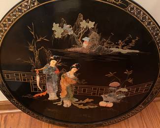 Vintage 1960's Chinese Chinoiserie Black Lacquer Mother of Pearl, Carved, Coral, Jade Wall Plaque 