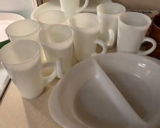 Vintage Fire King White Glass TALL Mugs, Plates/Platters