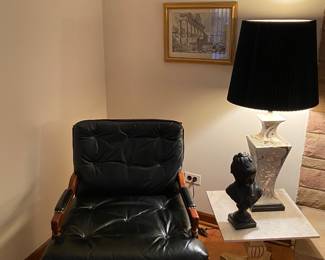 Mid Century Black Leather Tufted Arm Chair , Vintage Embossed Ceramic Gold, Black White Table Lamp