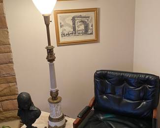 Mid Century Black Leather ( Brandt Furniture) Tufted Arm Chair (2), Vintage Steiffel Tall Lamp