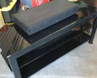 Black Glass Metal TV Stand And Onkyo 7 Speaker Surround Sound Bar