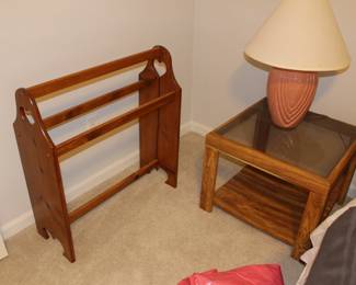 Quilt rack, various end tables, lamps