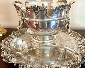 Silver Plate Punch Bowl Lion Head Handles, Tray with and Ladle