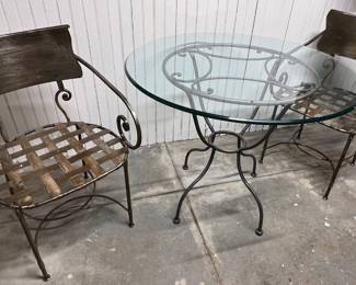 141. Metal Outdoor Table w/ Glass Top (36" x 29") and 2 Armchairs (22" x 24" x 31")