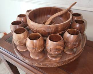 Vintage wooden punch bowl set