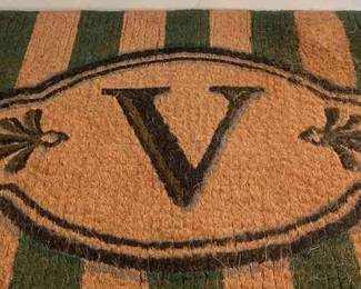Large Outdoor Mat Green Stripped Letter V