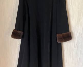 Back of ladies full length cashmere and wool coat with mink collar
