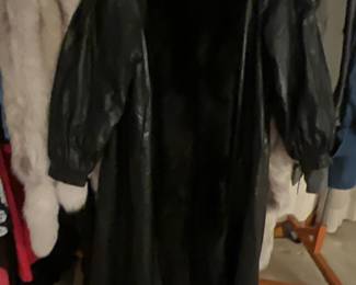 Full length leather coat with mink trim