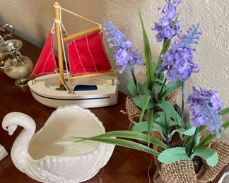 Two Shelf Curio, Assorted Decor' Silk Flowers, Ceramic Swan, Hand Carved Sailboat 