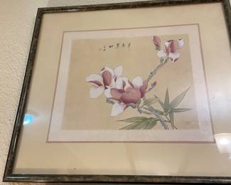 Framed Signed Cherry Blossom Art on Rice Paper
