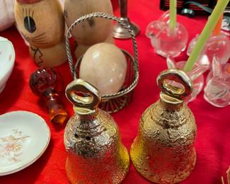 Porcelain Dishes, Wooden Chef Salt & Pepper Shakers. Gold Overlay Collectible Bells