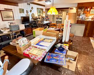 Large farmhouse trestle table with 2 benches and 2 chairs.