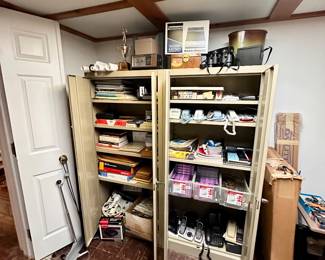 More office supplies and metal storage cabinets.