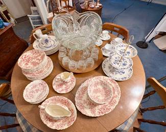 More beautiful china & gorgeous 1940's L.E Smith cut glass punch bowl set.